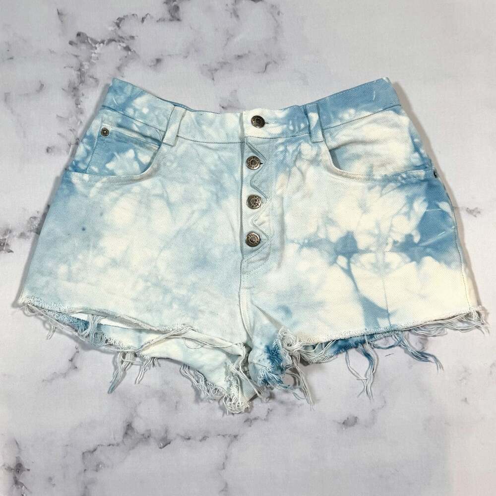 Vintage Bonjour Button Fly High-Waisted Tie-Dye Raw Hem Denim Shorts 4